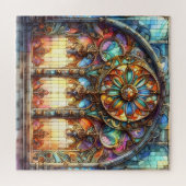 ステンドガラスアーチ大聖堂ガラス黄色の青 ジグソーパズル (横)