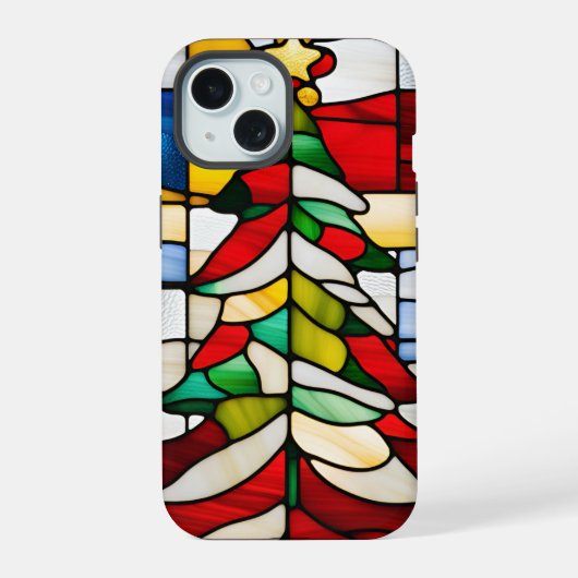 ステンドガ素晴らしラスのクリスマスユニーク木 iPhone 15ケース (裏面)