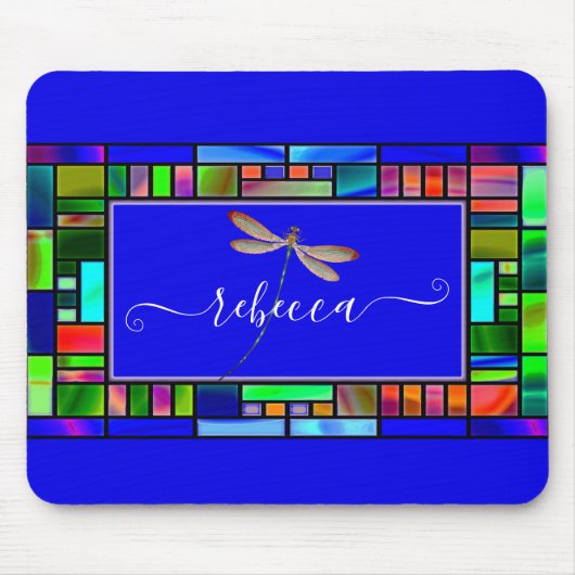 ステンドグラスとトンボパーソナライズされたウズラ マウスパッド (正面)