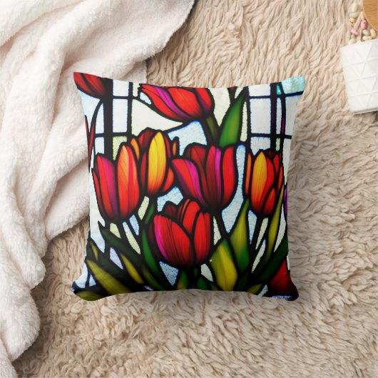 ステンドグラスに咲く花: カラフルなチューリップの色彩 クッション (ブランケット)