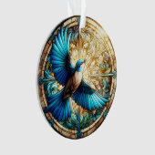 ステンドグラスに止まった穏やかな青い鳥 オーナメント (正面)