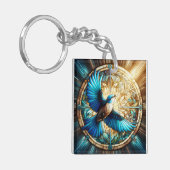 ステンドグラスに止まった穏やかな青い鳥 キーホルダー (正面左)