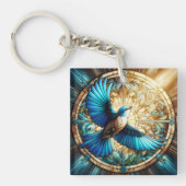 ステンドグラスに止まった穏やかな青い鳥 キーホルダー (正面)