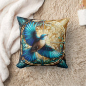 ステンドグラスに止まった穏やかな青い鳥 クッション (ブランケット)