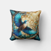 ステンドグラスに止まった穏やかな青い鳥 クッション (正面)