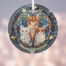 ステンドグラスに浮かぶクリスマスの猫の青 ガラスオーナメント