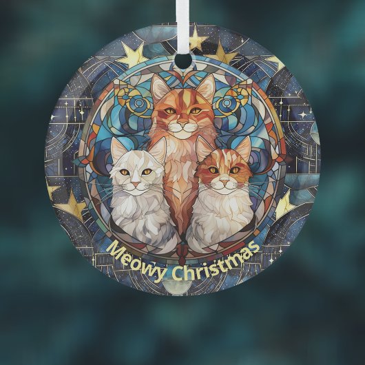 ステンドグラスに浮かぶクリスマスの猫の青 ガラスオーナメント