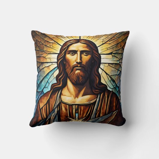 ステンドグラスに金色のオーラを持つイエスポートレート クッション (裏面)