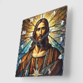 ステンドグラスに金色のオーラを持つイエスポートレート スクエア壁時計 (傾斜)