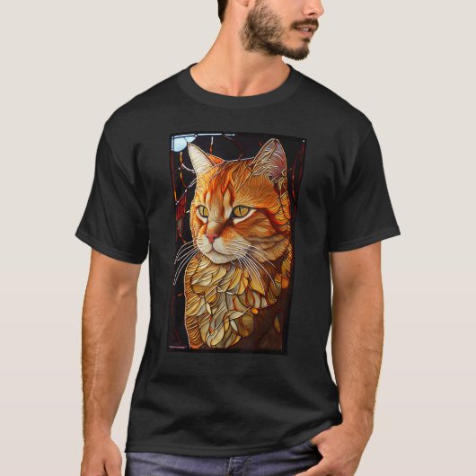 ステンドグラスのオレンジ色の猫 Tシャツ (正面)