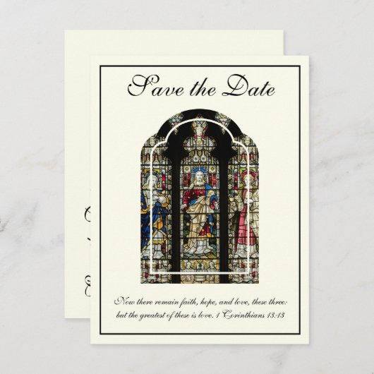 ステンドグラスのカトリック結婚式の日付を保存 案内ポストカード (正面/裏面)