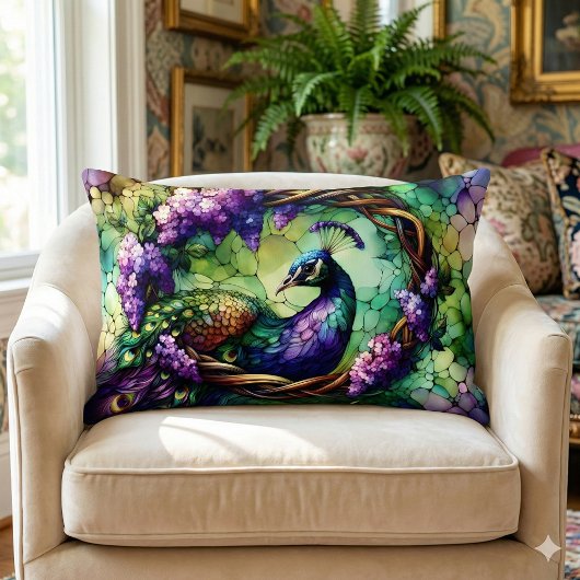 ステンドグラスのクジャクの花輪アート ランバークッション