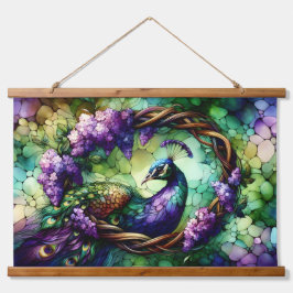ステンドグラスのクジャクの花輪アート 吊り下げ型タペストリー