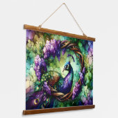 ステンドグラスのクジャクの花輪アート 吊り下げ型タペストリー (傾斜あり)