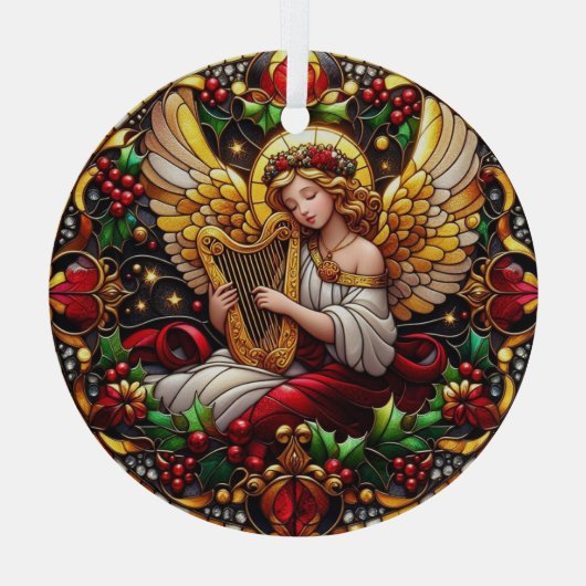 ステンドグラスのクリスマスエンジェルと黄金の竪琴 ガラスオーナメント (裏面)