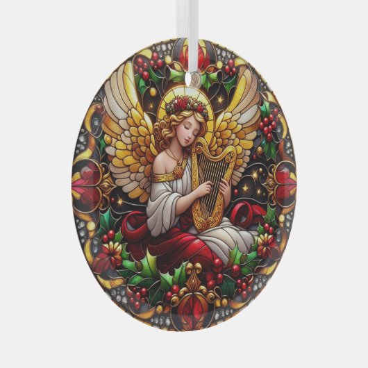 ステンドグラスのクリスマスエンジェルと黄金の竪琴 ガラスオーナメント (正面右)