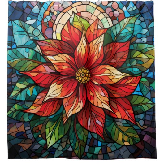 ステンドグラスのクリスマスシャワーカーテンポインセチア シャワーカーテン (正面)