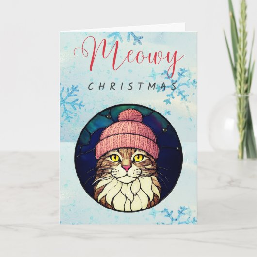 ステンドグラスのクリスマスタビー猫 ピンクの帽子 シーズンカード (正面)