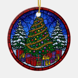 ステンドグラスのクリスマスツリーとプレゼント セラミックオーナメント