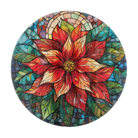 ステンドグラスのクリスマスフラワーレッドポインセチア カッティングボード (正面)