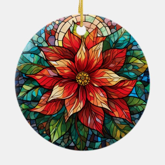 ステンドグラスのクリスマスフラワーレッドポインセチア セラミックオーナメント (裏面)