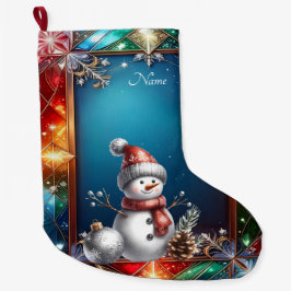 ステンドグラスのクリスマスブーツ 雪だるま ラージクリスマスストッキング