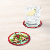 ステンドグラスのクリスマスベルとホリー ラウンドペーパーコースター (インサイチュ)