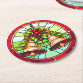 ステンドグラスのクリスマスベルとホリー ラウンドペーパーコースター (アングル)