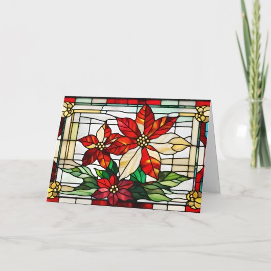 ステンドグラスのクリスマスポインセチア花 シーズンカード (正面)