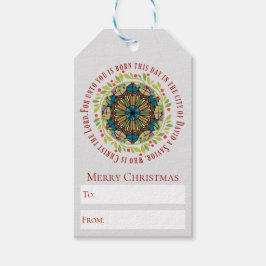 ステンドグラスのクリスマスリースルカ2:11聖句 ギフトタグ