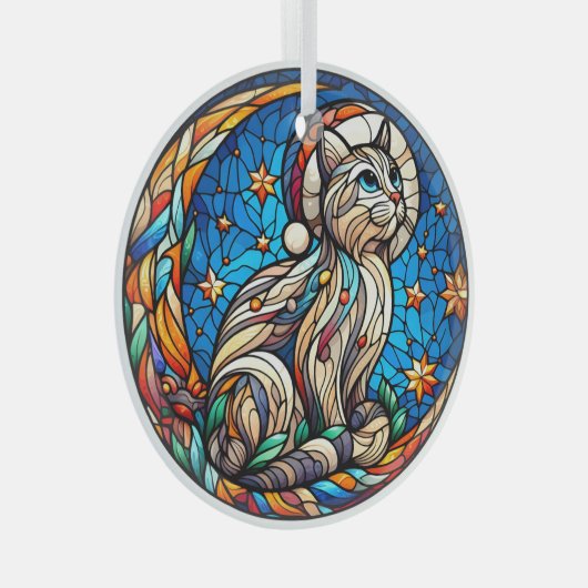 ステンドグラスのクリスマス猫と三日月 ガラスオーナメント (正面右)