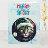 ステンドグラスのクリスマス グレー タビー猫の緑の帽子 カード (黄色い花)