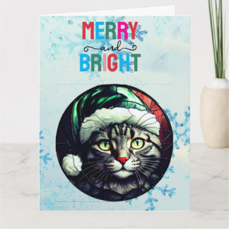 ステンドグラスのクリスマス グレー タビー猫の緑の帽子 カード