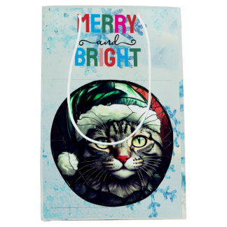 ステンドグラスのクリスマス グレー タビー猫の緑の帽子 ミディアムペーパーバッグ