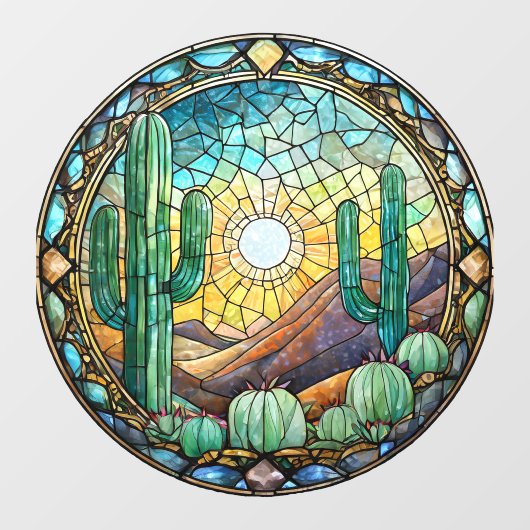 ステンドグラスのサボテン砂漠のシーン ウィンドウサイン (シート)