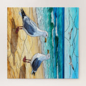 ステンドグラスのシーグルのビーチ ジグソーパズル (横)