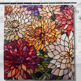ステンドグラスのダリア 宝石の色の花 シャワーカーテン