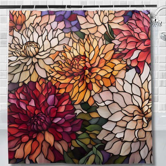 ステンドグラスのダリア 宝石の色の花 シャワーカーテン