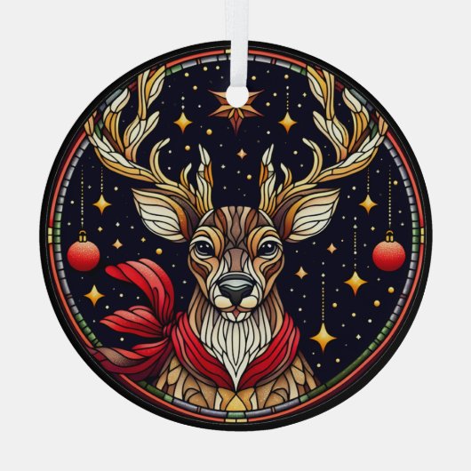 ステンドグラスのトナカイ、星とオーナメント ガラスオーナメント (裏面)