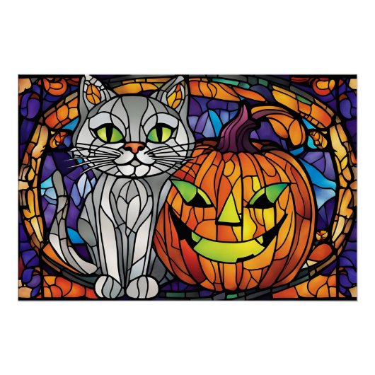 ステンドグラスのハロウィーン猫とジャック・オ・ランタン ポスター (正面)