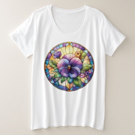 ステンドグラスのパンジーの花 プラスサイズTシャツ (デザイン正面)