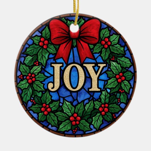 ステンドグラスのヒイラギリース JOY セラミックオーナメント (正面)