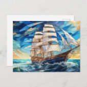 ステンドグラスのビンテージ帆船(海の上) ポストカード (正面/裏面)