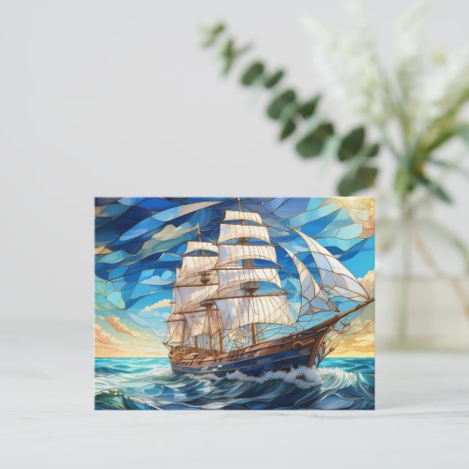 ステンドグラスのビンテージ船が海に浮かぶ ポストカード (スタンド正面)