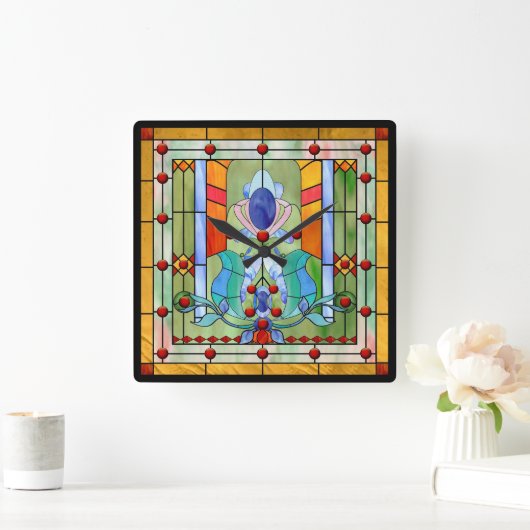 ステンドグラスのファンタジー スクエア壁時計 (ホーム)