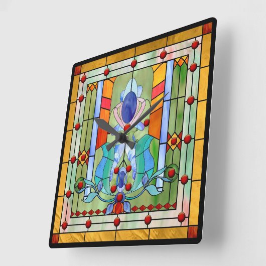 ステンドグラスのファンタジー スクエア壁時計 (傾斜)