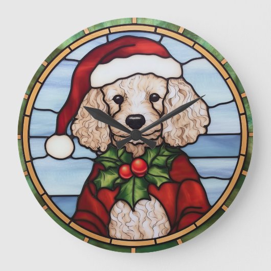 ステンドグラスのプードルのクリスマス ラージ壁時計 (正面)