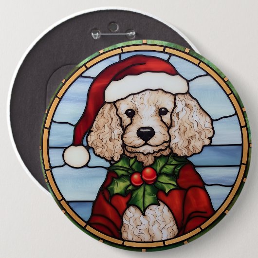 ステンドグラスのプードルのクリスマス 缶バッジ (正面&裏面)