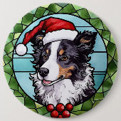 ステンドグラスのボーダーコリー クリスマス 缶バッジ (正面)