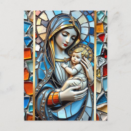 ステンドグラスのモザイク | マリアとイエス・クリスマス ポストカード (正面)